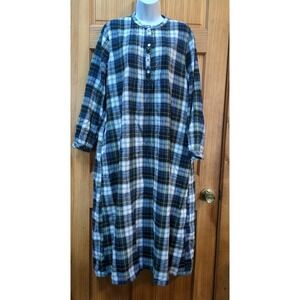 LL Bean Medium Night Dress Flannel Nightgown Long Sleeve Plaid Blue Cottagecore